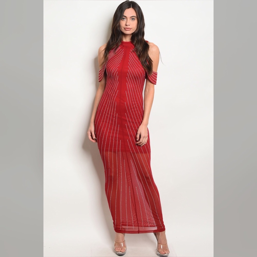 BURGUNDY RHINESTONE DETAILS MESH DRESS